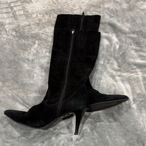 Women's Black Suede Mid-Calf Heeled Boots